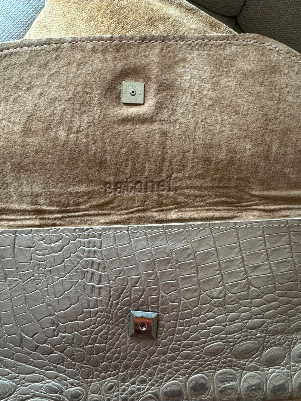 Satchel. Savannah Leather Crocodile Embossed Metallic Clutch Bag Suede Lined